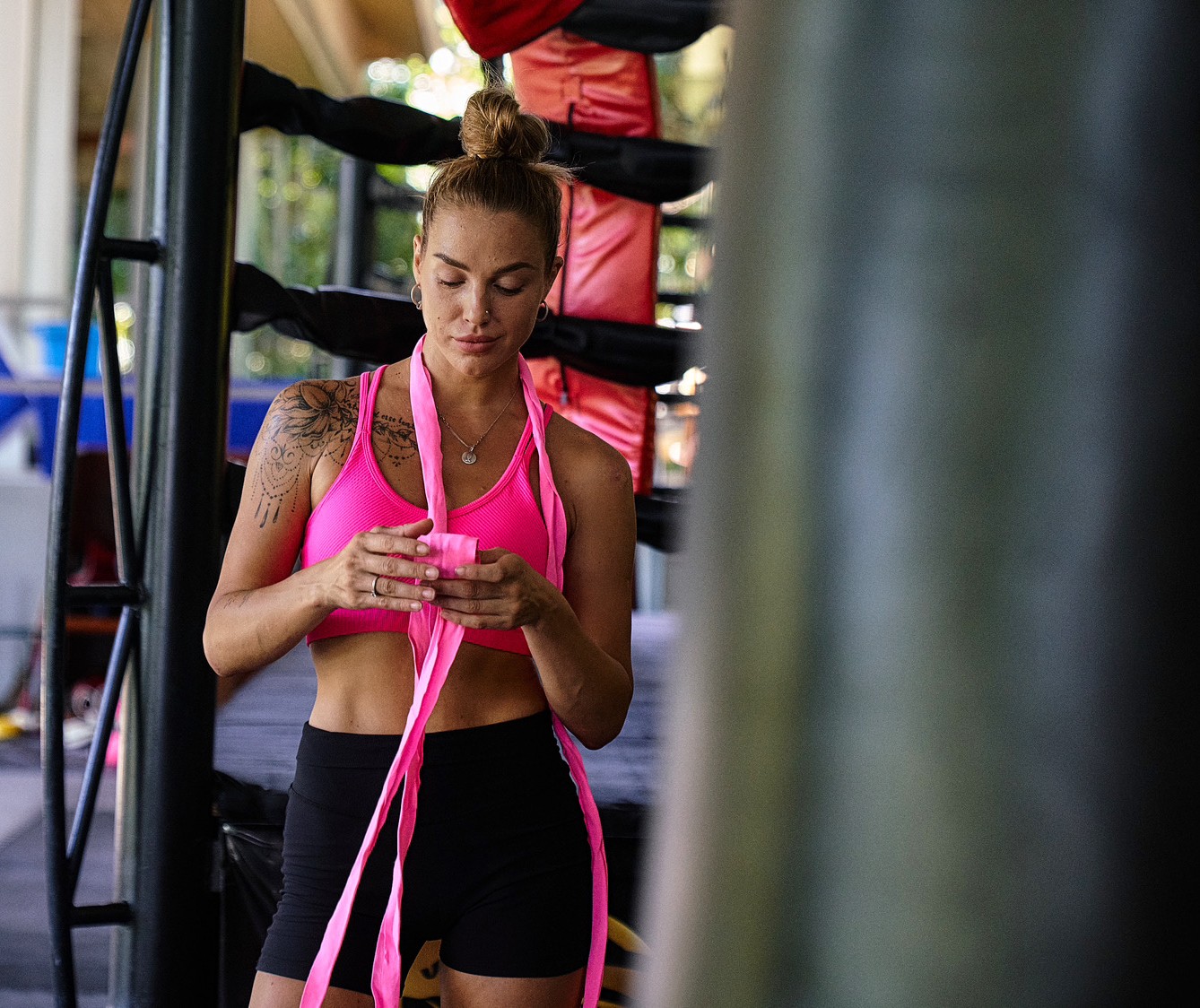 Boxing hand wraps before a Cobra Muay Thai session
