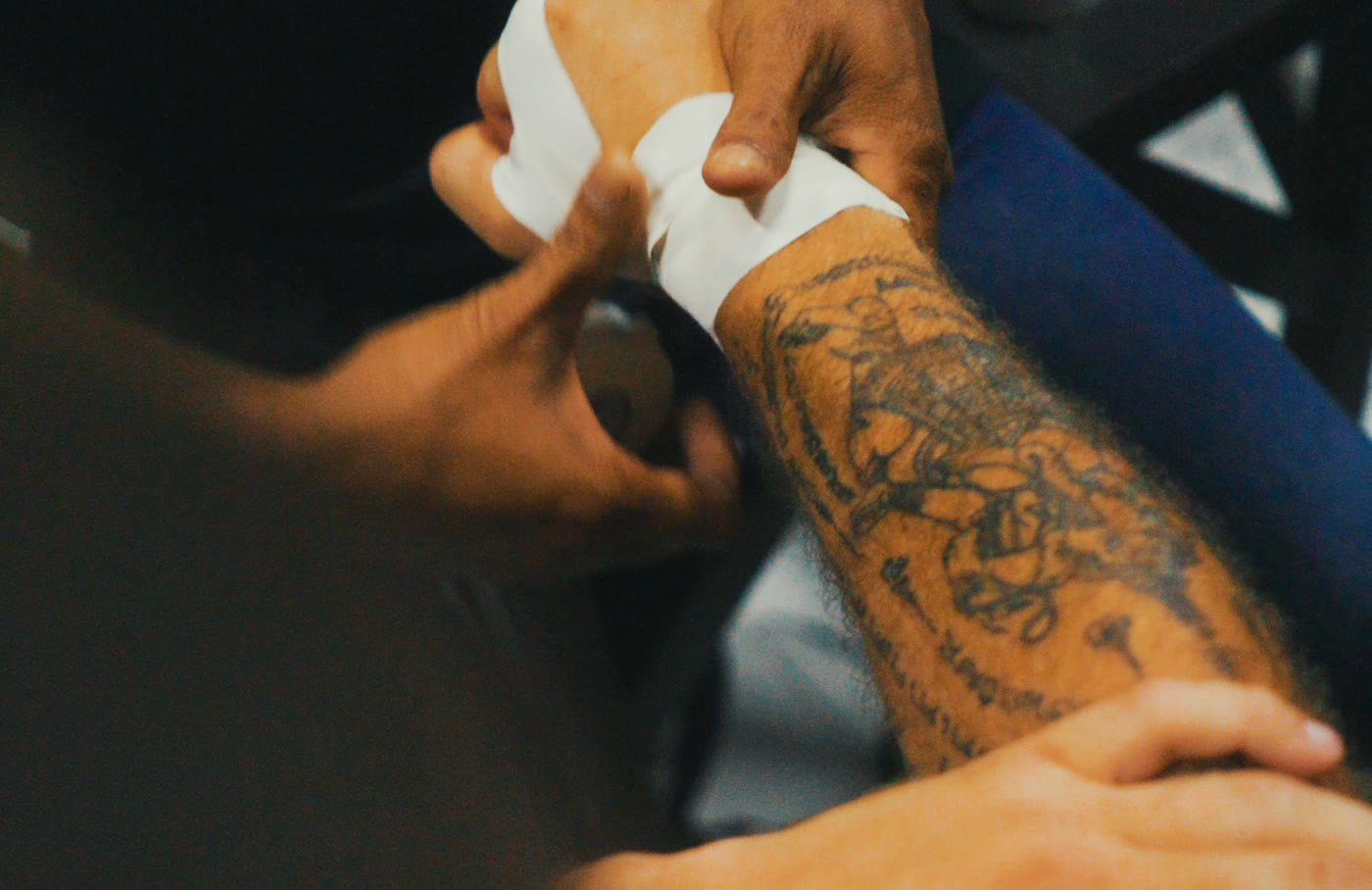 Fight-night hand wraps before stepping into the ring